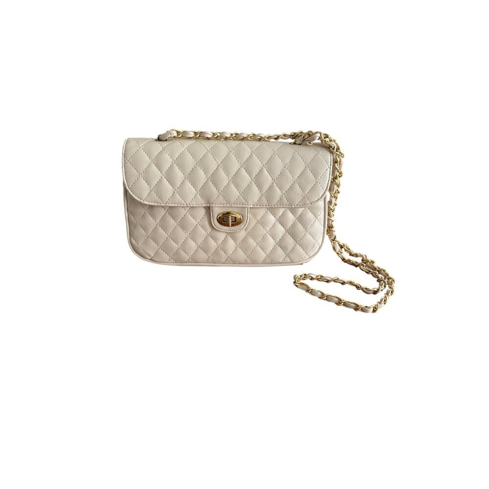 Quilted White Faux Leather Shoulder Bag With Gold Chain Strap & Turn Lock